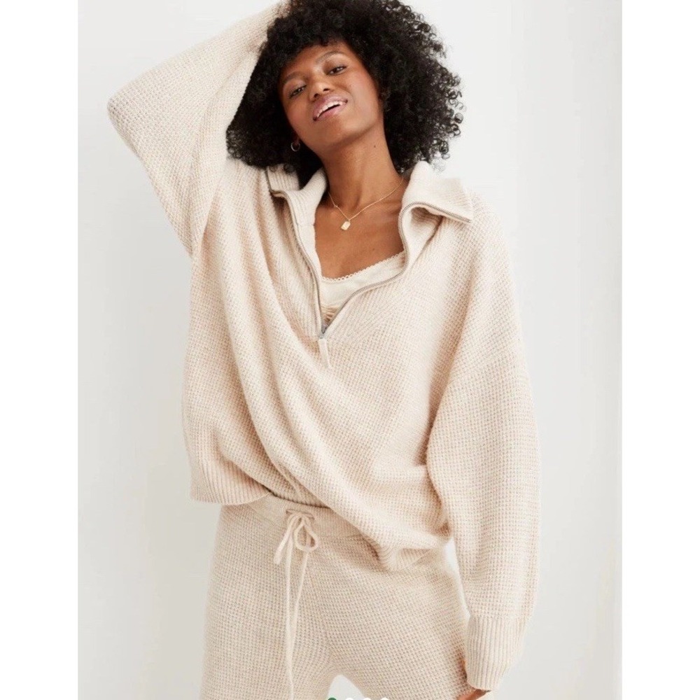 American Eagle Aerie CozyUp Waffle Quarter Zip Sweater XS Cream White